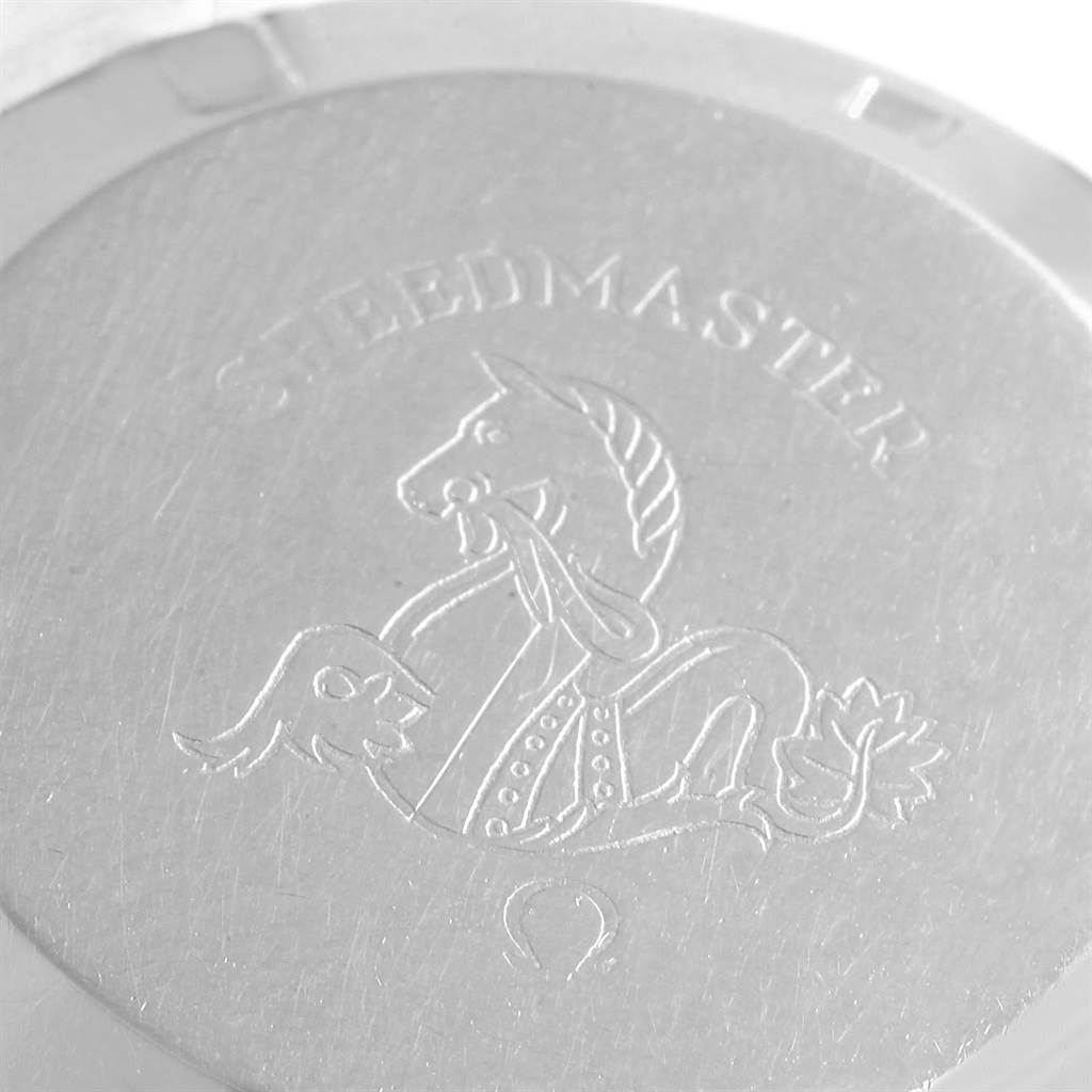 This is the case back of an Omega Speedmaster Men
s Stainless Steel Black Dial Men
s Stainless Steel Black Dial watch, showing the engraved emblem and model name.