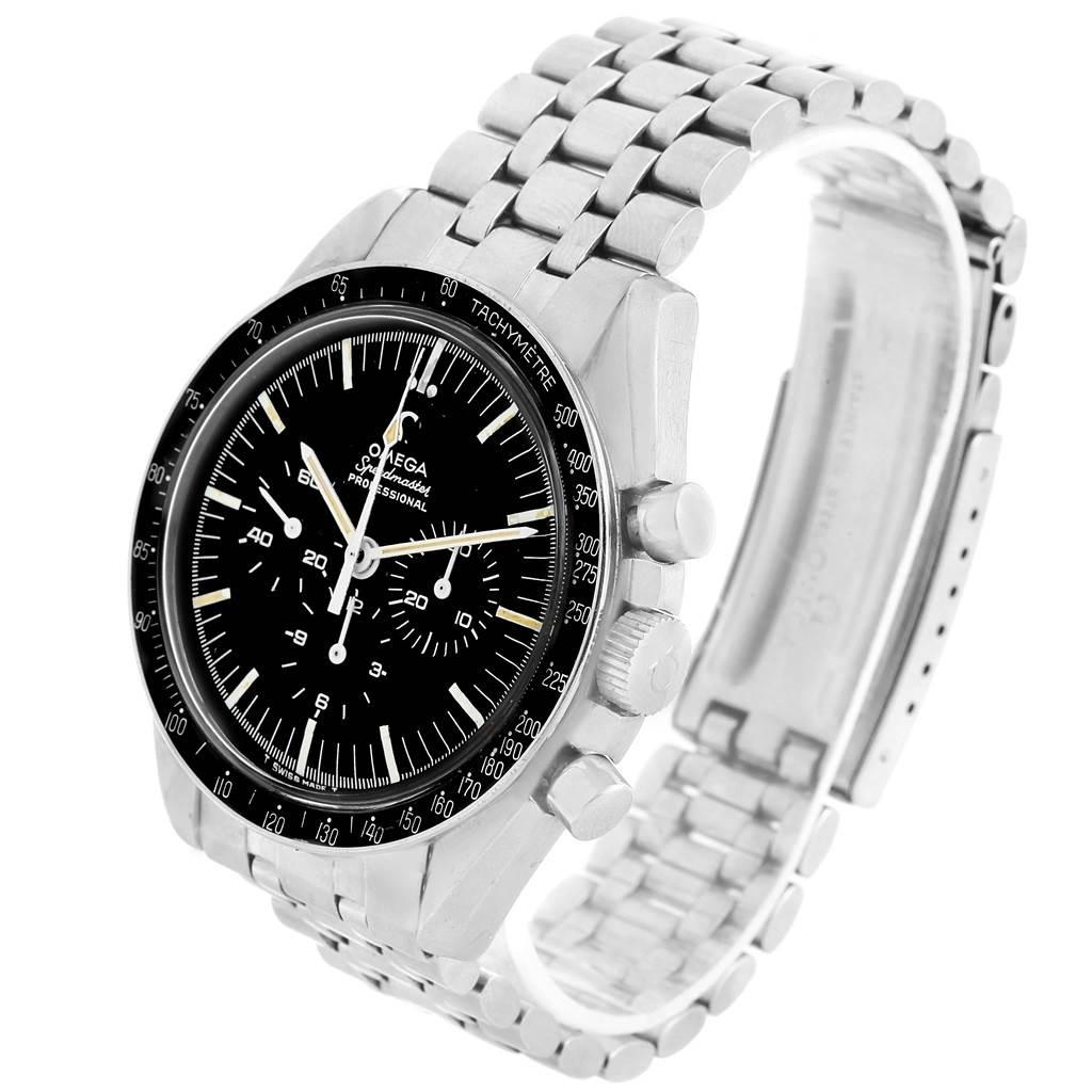 The Omega Speedmaster Men
s Stainless Steel Black Dial Men
s Stainless Steel Black Dial watch is shown from an oblique angle highlighting the face, bezel, crown, and partial bracelet.