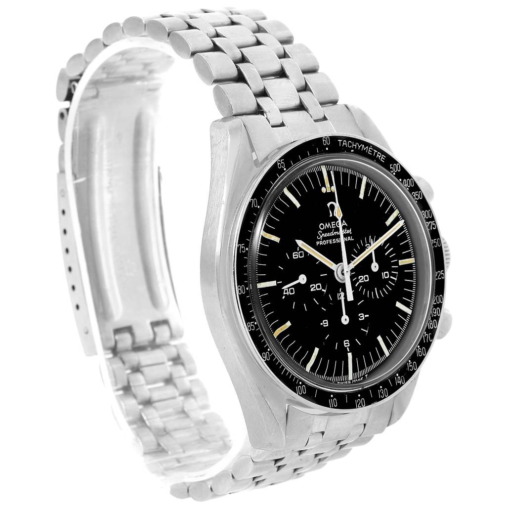 The image shows an Omega Speedmaster Men
s Stainless Steel Black Dial Men
s Stainless Steel Black Dial watch at an angled view, highlighting its stainless steel bracelet and black dial.
