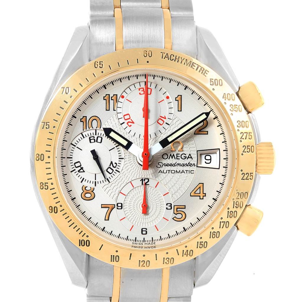 The image shows a front view of the Omega Speedmaster 3313.33.00 Men's Steel and Gold (two tone) White Dial 3313.33.00 Men's Steel and Gold (two tone) White Dial watch, highlighting its dial, hands, sub-dials, date window, and tachymeter bezel.
