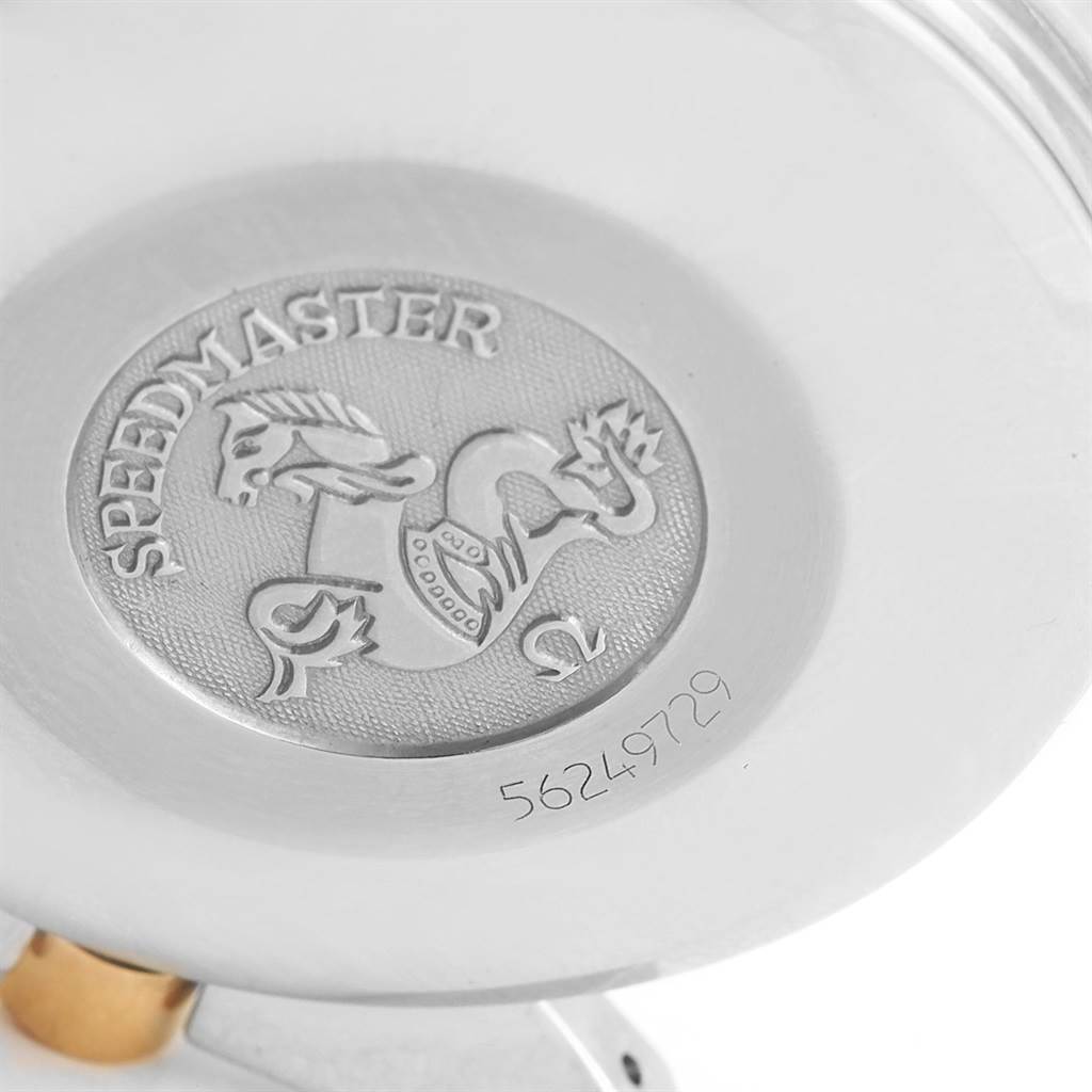 The image shows the engraved case back of an Omega Speedmaster 3313.33.00 Men's Steel and Gold (two tone) White Dial 3313.33.00 Men's Steel and Gold (two tone) White Dial watch with its emblem and serial number.