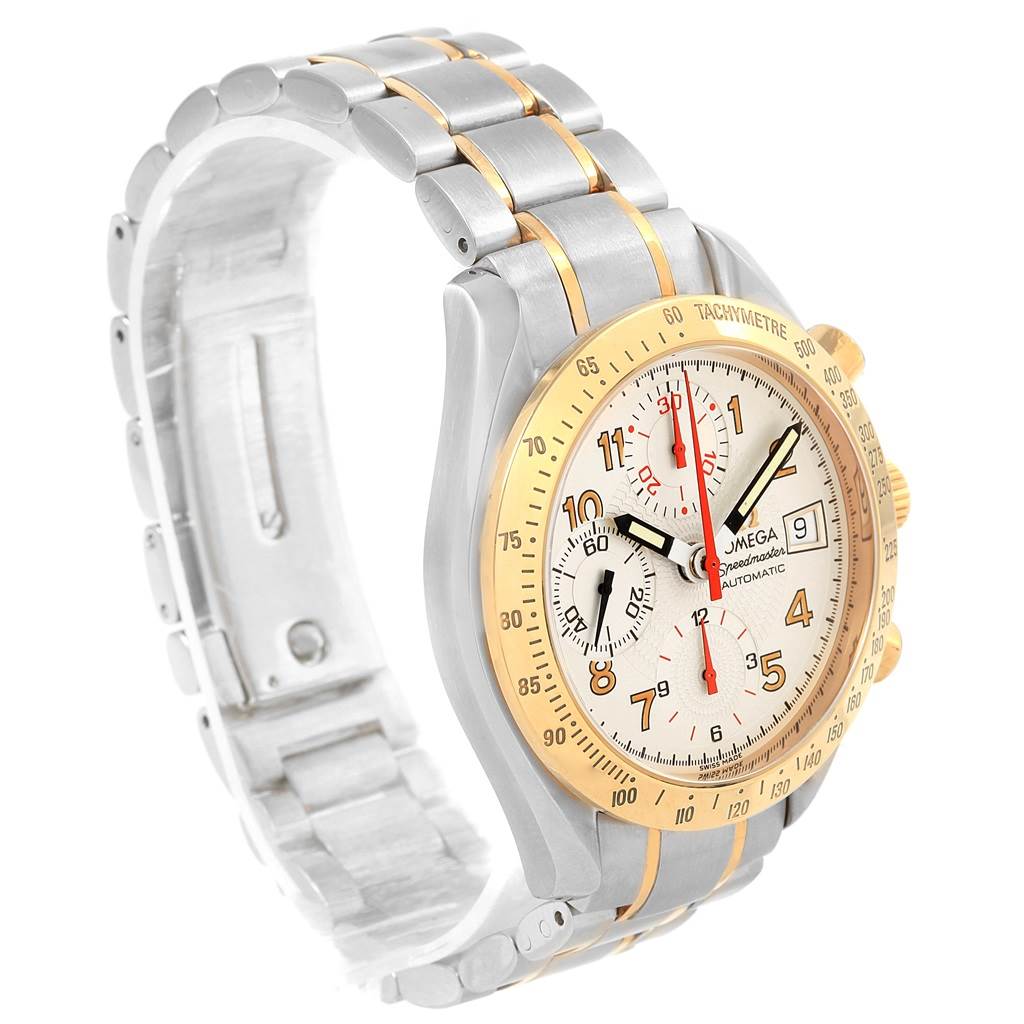 This image shows a side view of the Omega Speedmaster 3313.33.00 Men's Steel and Gold (two tone) White Dial 3313.33.00 Men's Steel and Gold (two tone) White Dial watch, featuring the dial, bracelet, and tachymeter bezel.