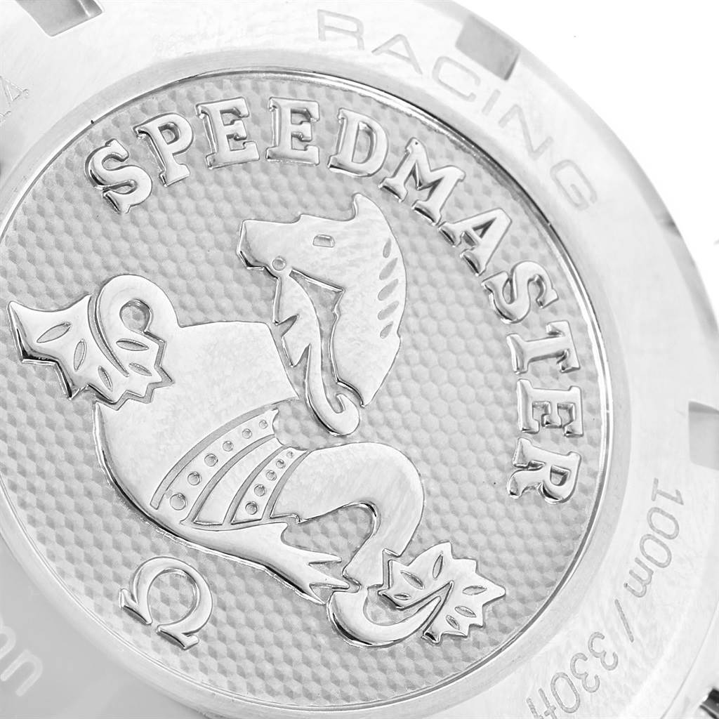 This image shows the case back of the Omega Speedmaster 326.30.40.50.01.001 Men
s Stainless Steel Black Dial 326.30.40.50.01.001 Men
s Stainless Steel Black Dial watch, featuring an embossed seahorse and "SPEEDMASTER" text.