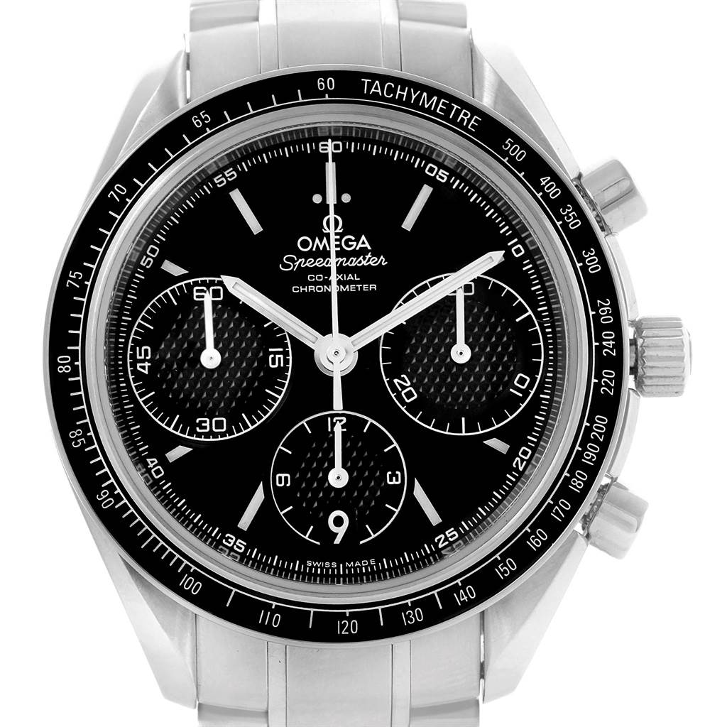 The Omega Speedmaster 326.30.40.50.01.001 Men
s Stainless Steel Black Dial 326.30.40.50.01.001 Men
s Stainless Steel Black Dial watch is shown from a front angle, displaying its dial, chronograph sub-dials, bezel, crown, and pushers.