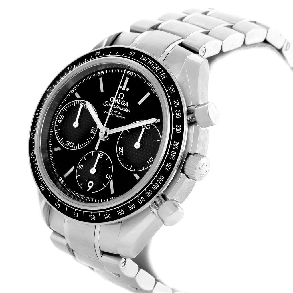 The image shows a side angle view of the Omega Speedmaster 326.30.40.50.01.001 Men
s Stainless Steel Black Dial 326.30.40.50.01.001 Men
s Stainless Steel Black Dial, highlighting its dial, bezel, crown, and bracelet.