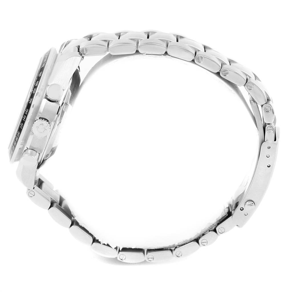 This side angle view of the Omega Speedmaster 326.30.40.50.01.001 Men
s Stainless Steel Black Dial 326.30.40.50.01.001 Men
s Stainless Steel Black Dial watch showcases its metal bracelet and side case, including the crown and pushers.