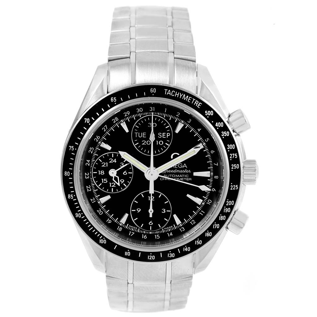 The Omega Speedmaster 3220.50.00 Men
s Stainless Steel Black Dial 3220.50.00 Men
s Stainless Steel Black Dial watch is shown from a front angle, displaying the face, bezel, and part of the metal bracelet.