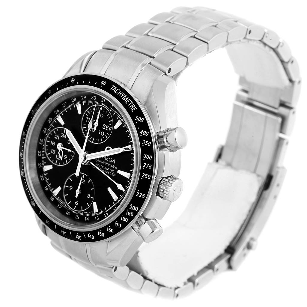 This image displays an Omega Speedmaster 3220.50.00 Men
s Stainless Steel Black Dial 3220.50.00 Men
s Stainless Steel Black Dial watch at a three-quarter angle, showing the face, buttons, and part of the bracelet.