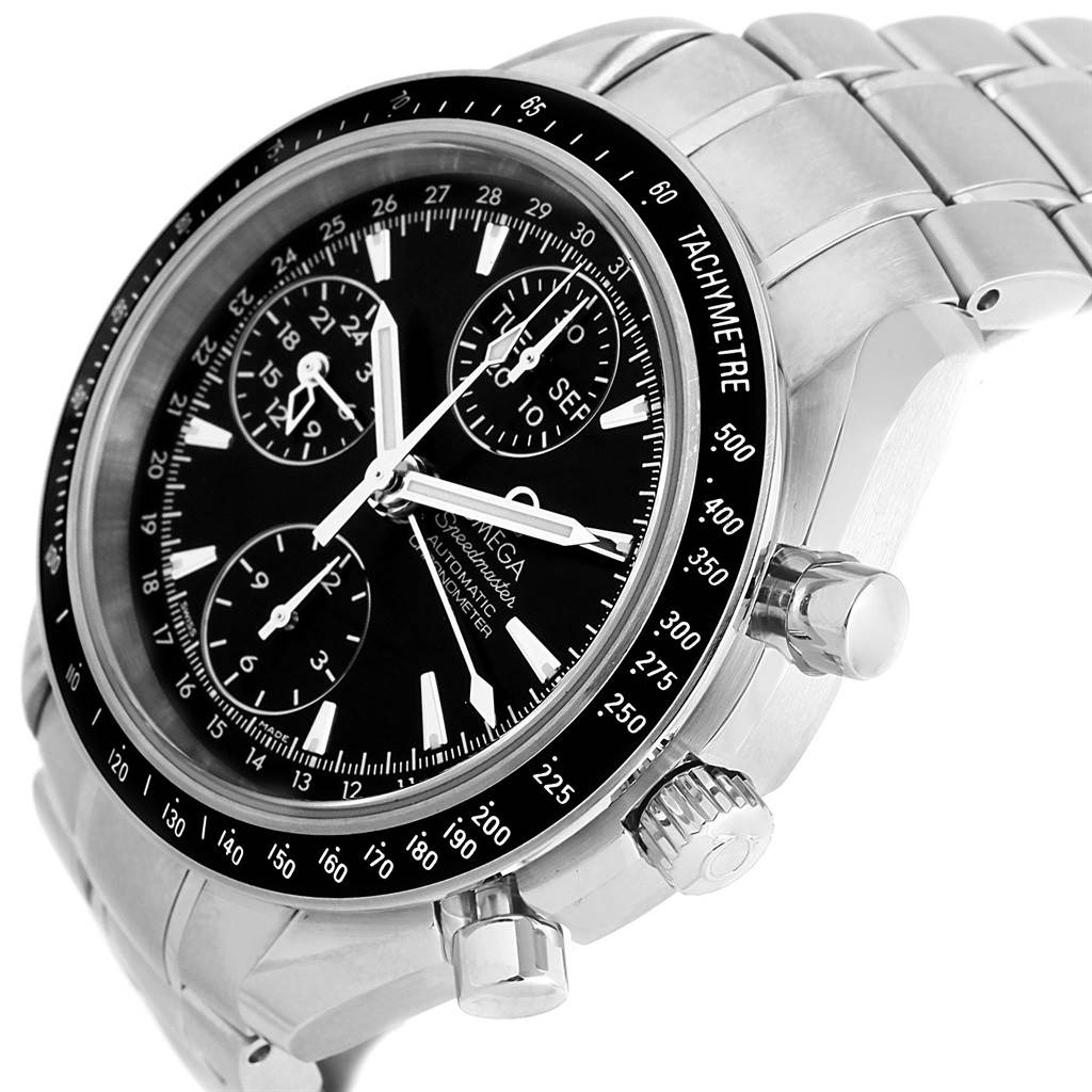 The image shows a close-up of the Omega Speedmaster 3220.50.00 Men
s Stainless Steel Black Dial 3220.50.00 Men
s Stainless Steel Black Dial watch
s face, crown, chronograph pushers, and stainless steel bracelet at an angle.