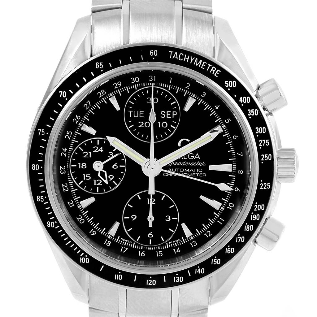 The image shows a front view of an Omega Speedmaster 3220.50.00 Men
s Stainless Steel Black Dial 3220.50.00 Men
s Stainless Steel Black Dial watch, displaying its black dial, subdials, tachymeter bezel, and stainless steel bracelet.