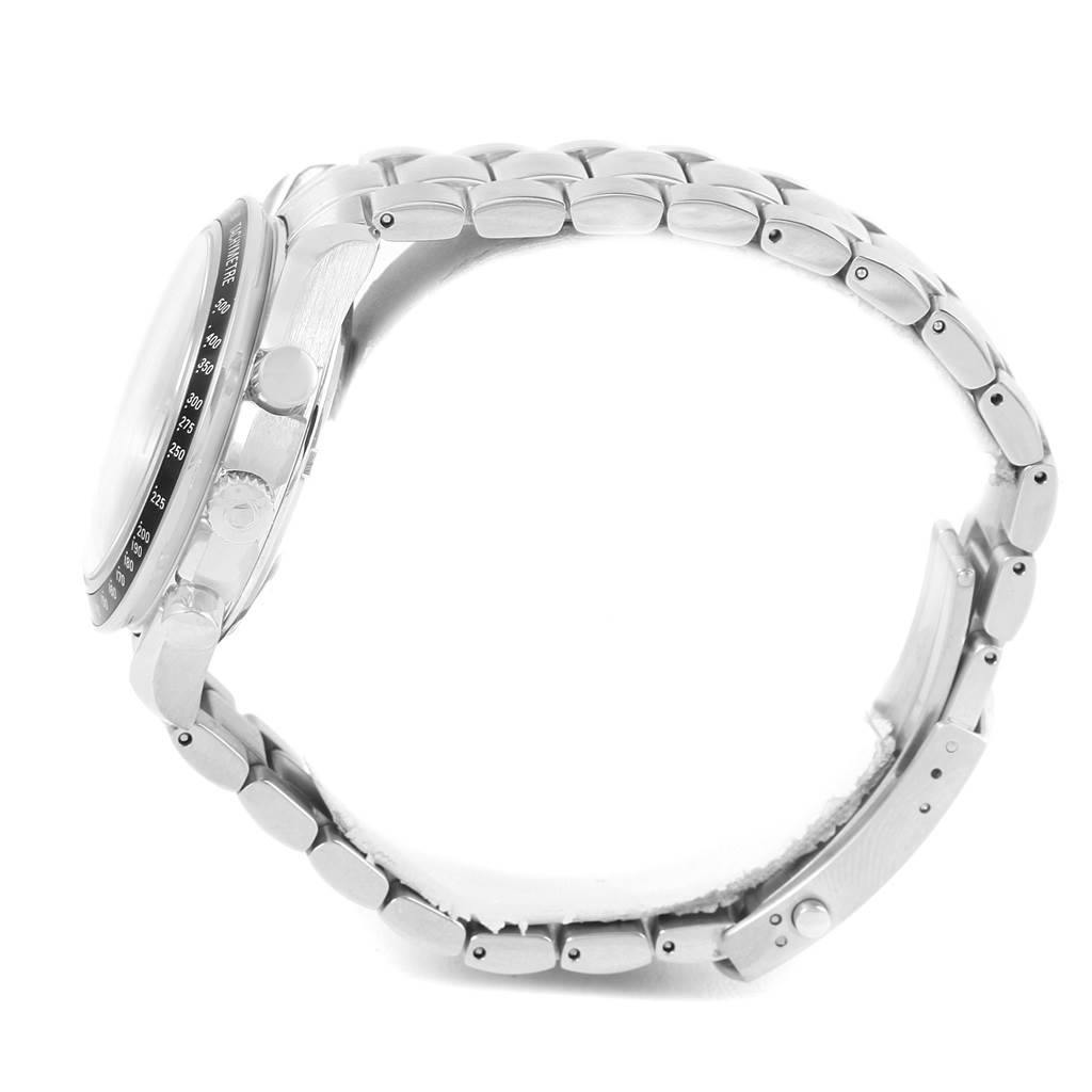 This side view of the Omega Speedmaster 3220.50.00 Men
s Stainless Steel Black Dial 3220.50.00 Men
s Stainless Steel Black Dial watch shows the case, bezel, crown, pushers, and part of the bracelet.