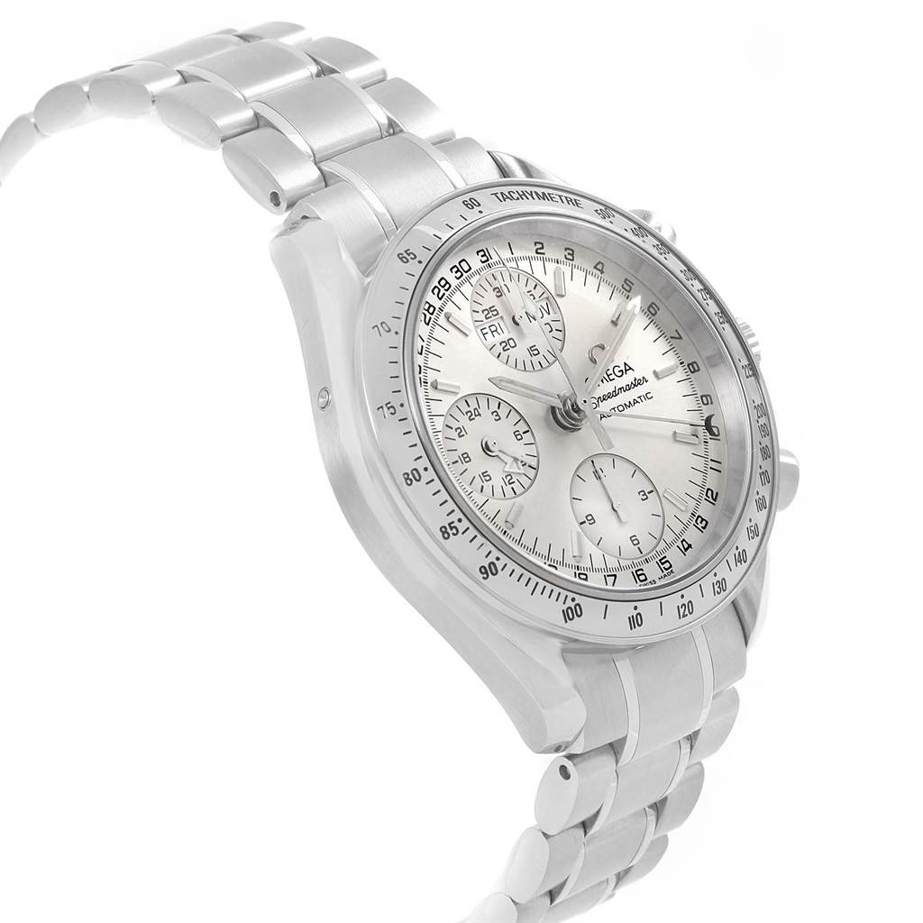 This image shows an angled side view of the Omega Speedmaster 3523.30.00 Men
s Stainless Steel Silver Dial 3523.30.00 Men
s Stainless Steel Silver Dial watch, highlighting the dial, bezel, and metal bracelet.