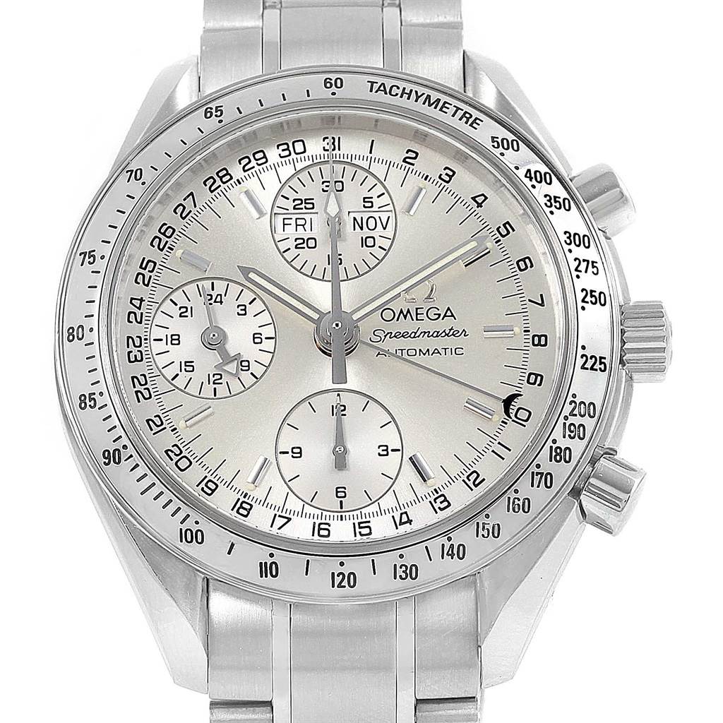 This image shows the front view of an Omega Speedmaster 3523.30.00 Men
s Stainless Steel Silver Dial 3523.30.00 Men
s Stainless Steel Silver Dial watch, displaying the dial, tachymeter, and chronograph functions.