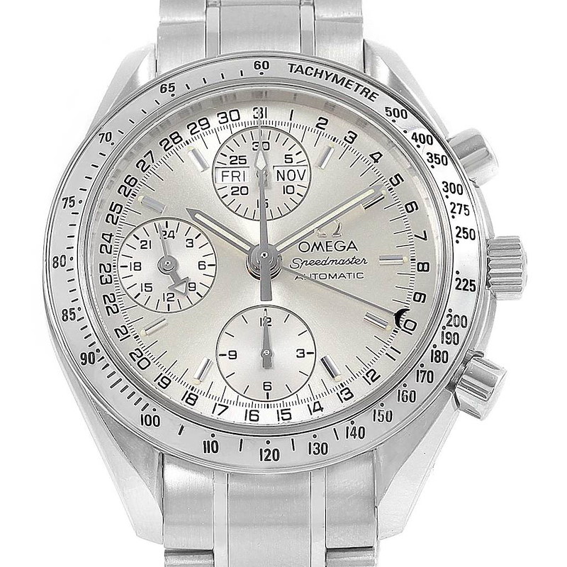 Omega Speedmaster Day Date Chrono Silver Dial Watch 3523.30.00 Card SwissWatchExpo
