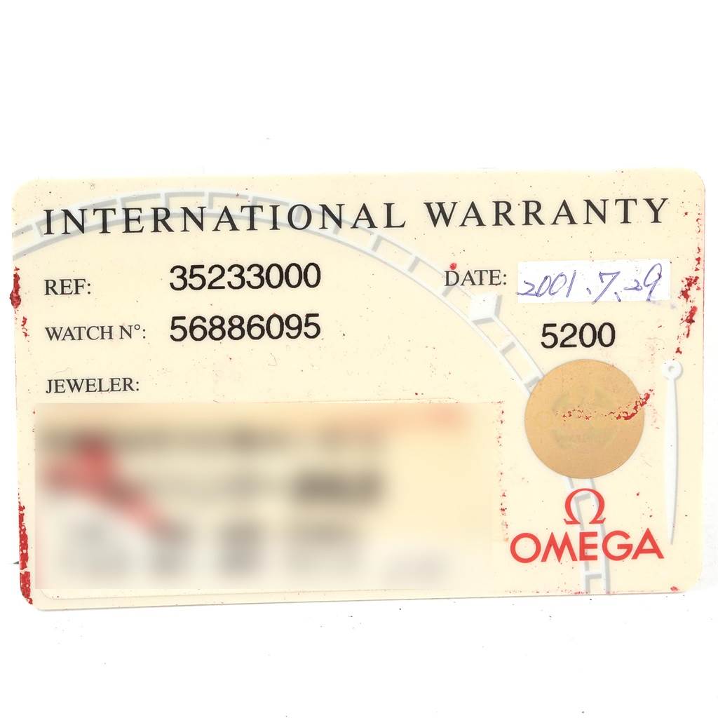 The image shows an international warranty card for the Omega Speedmaster 3523.30.00 Men
s Stainless Steel Silver Dial 3523.30.00 Men
s Stainless Steel Silver Dial watch, detailing reference and serial numbers.