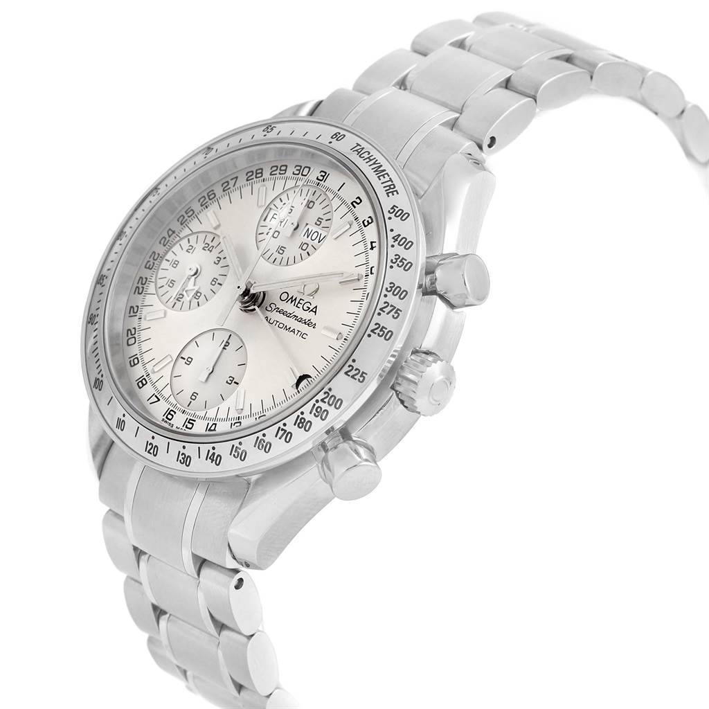 The Omega Speedmaster 3523.30.00 Men
s Stainless Steel Silver Dial 3523.30.00 Men
s Stainless Steel Silver Dial watch is shown at a three-quarter angle, displaying the face, bezel, crown, pushers, and part of the bracelet.