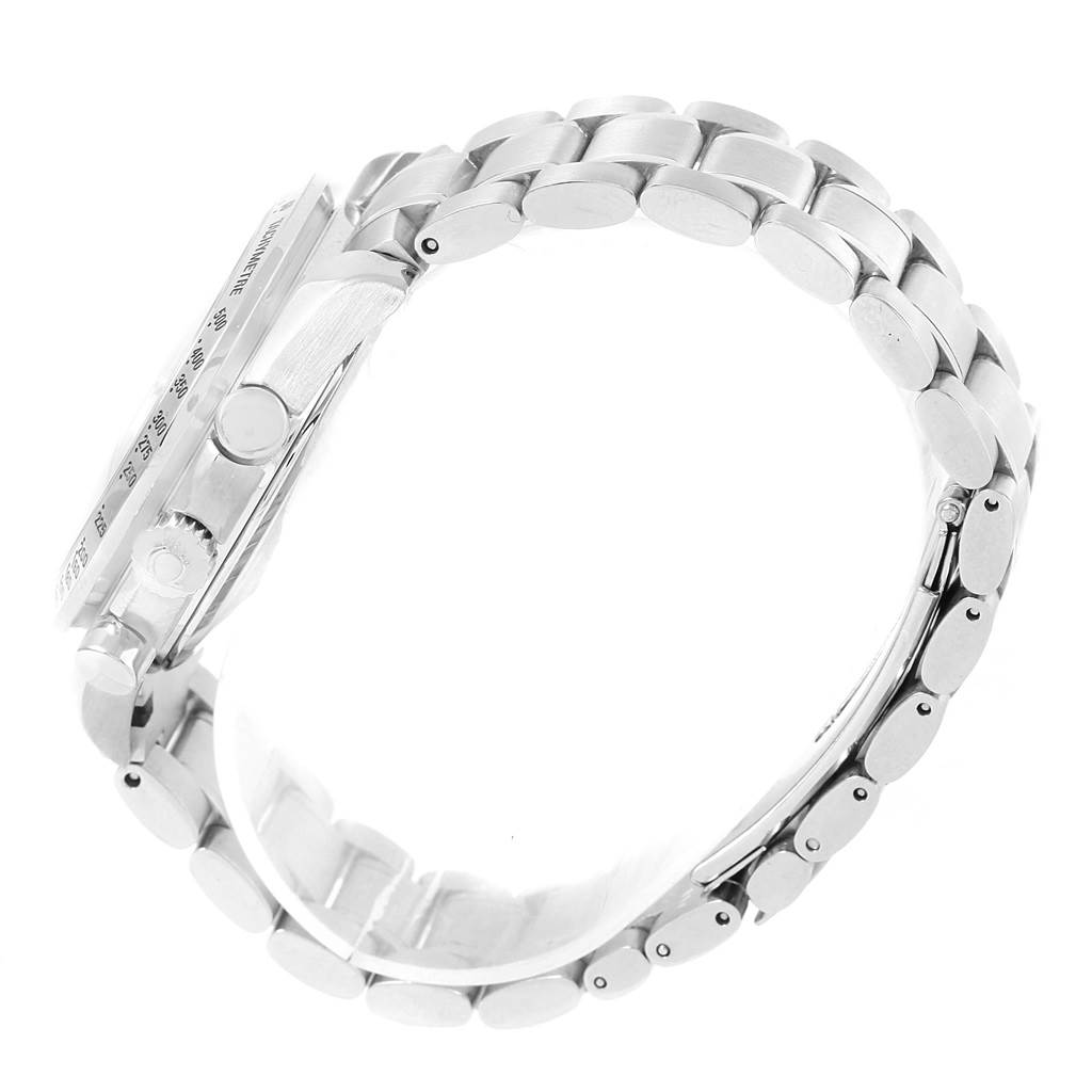 The image shows the left side view of the Omega Speedmaster 3523.30.00 Men
s Stainless Steel Silver Dial 3523.30.00 Men
s Stainless Steel Silver Dial, focusing on the bracelet and crown.