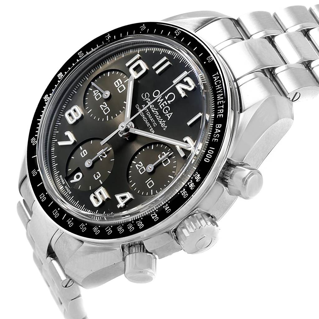This image shows an Omega Speedmaster 324.30.38.40.06.001 Men
s Stainless Steel Grey Dial 324.30.38.40.06.001 Men
s Stainless Steel Grey Dial watch at a three-quarter angle, highlighting the dial, chronograph sub-dials, pushers, and bracelet.