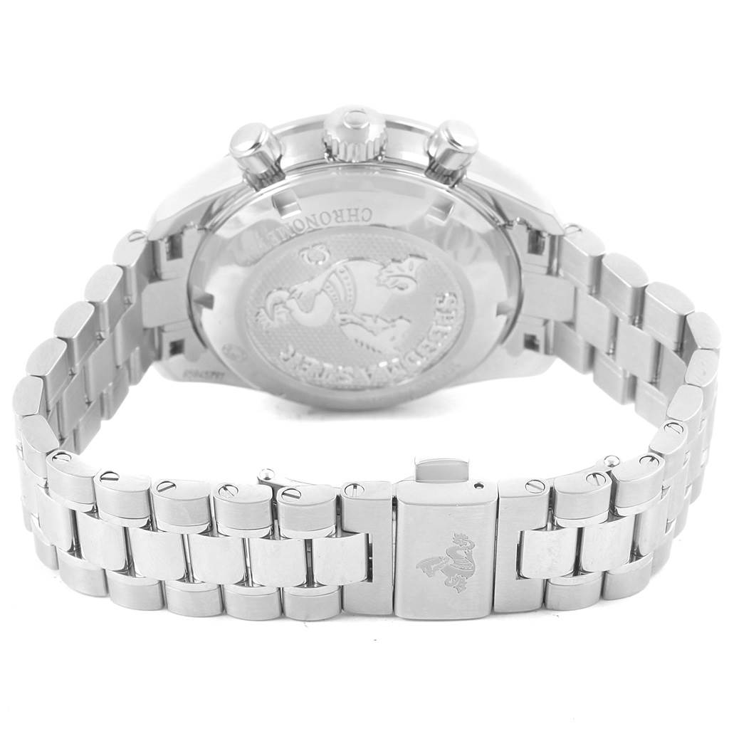 The image shows the back case and metal bracelet of the Omega Speedmaster 324.30.38.40.06.001 Men
s Stainless Steel Grey Dial 324.30.38.40.06.001 Men
s Stainless Steel Grey Dial watch, highlighting the engraved case back.