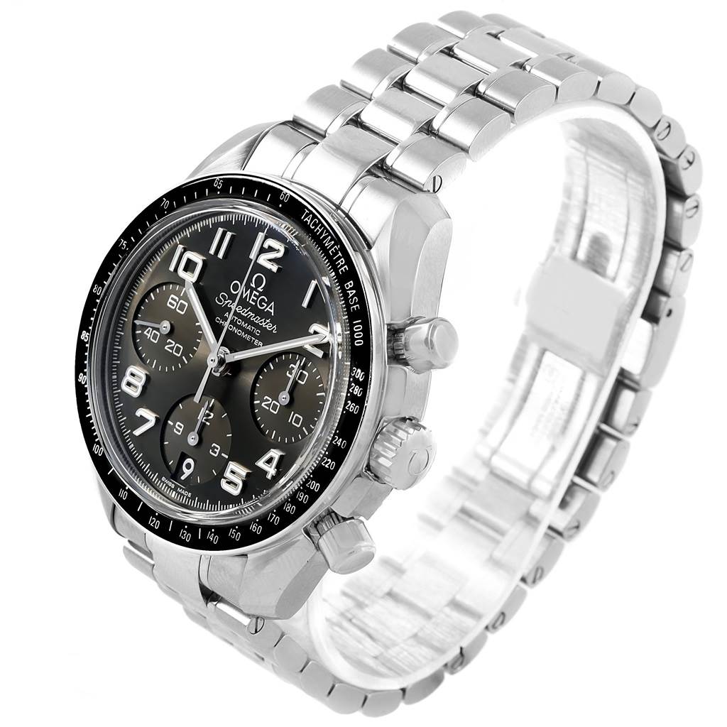 This image shows an Omega Speedmaster 324.30.38.40.06.001 Men
s Stainless Steel Grey Dial 324.30.38.40.06.001 Men
s Stainless Steel Grey Dial watch from a three-quarter angle, highlighting the bracelet, bezel, dials, and pushers.