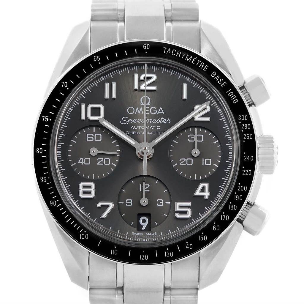 This is a frontal view of the Omega Speedmaster 324.30.38.40.06.001 Men
s Stainless Steel Grey Dial 324.30.38.40.06.001 Men
s Stainless Steel Grey Dial watch, showing its face, bezel, and chronograph subdials.