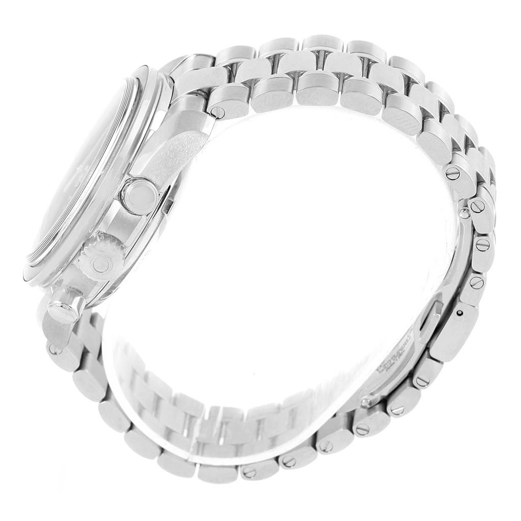 The Omega Speedmaster 324.30.38.40.06.001 Men
s Stainless Steel Grey Dial 324.30.38.40.06.001 Men
s Stainless Steel Grey Dial watch is shown from a side angle, highlighting the side profile of the case and stainless steel bracelet.