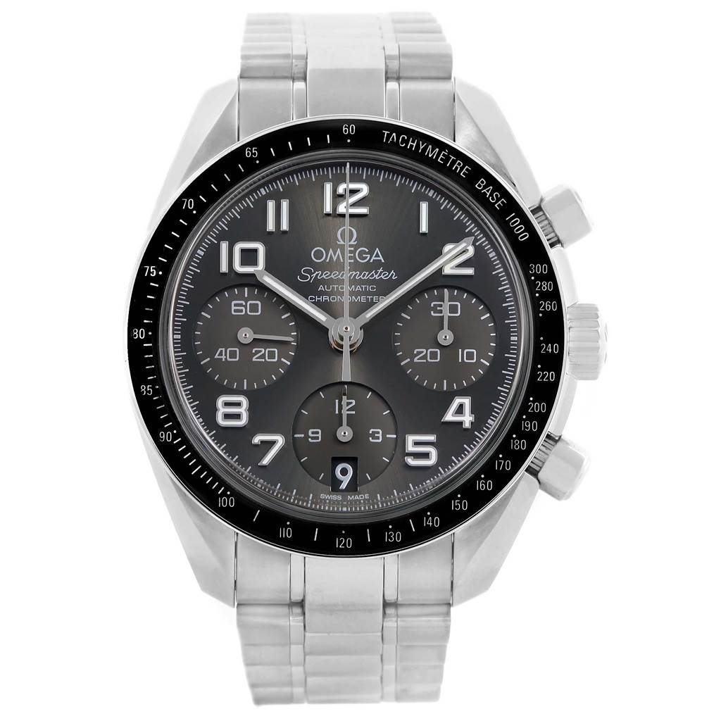 The image shows the Omega Speedmaster 324.30.38.40.06.001 Men
s Stainless Steel Grey Dial 324.30.38.40.06.001 Men
s Stainless Steel Grey Dial watch from a front angle, highlighting its dial, bezel, and bracelet.