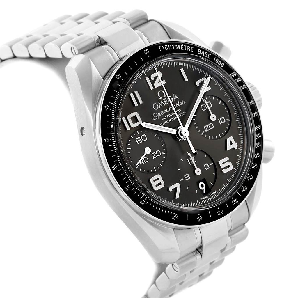 The image shows a close-up, front-left angle view of an Omega Speedmaster 324.30.38.40.06.001 Men
s Stainless Steel Grey Dial 324.30.38.40.06.001 Men
s Stainless Steel Grey Dial watch, highlighting the dial, bezel, and bracelet.