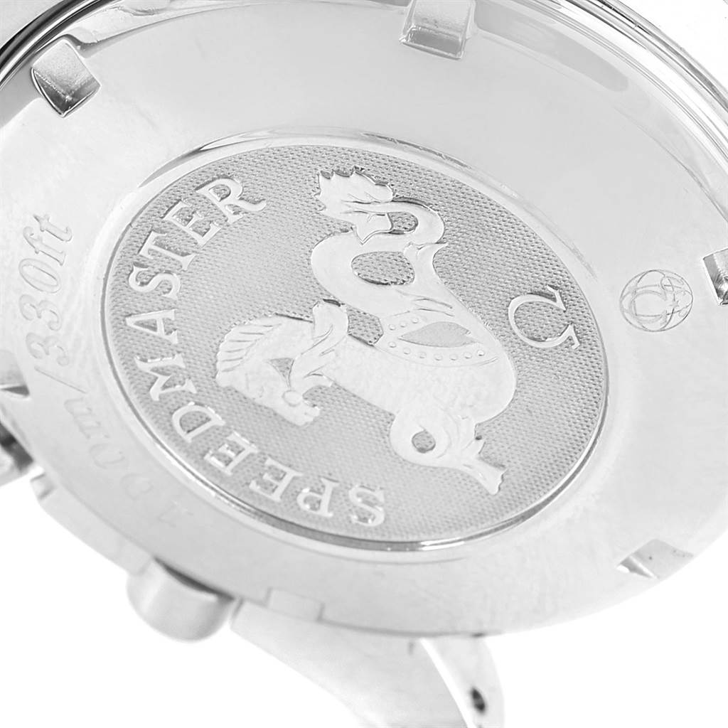 The image shows the back case of an Omega Speedmaster 3211.30.00 Men
s Stainless Steel Silver Dial 3211.30.00 Men
s Stainless Steel Silver Dial watch, highlighting the engraved logo and depth rating.