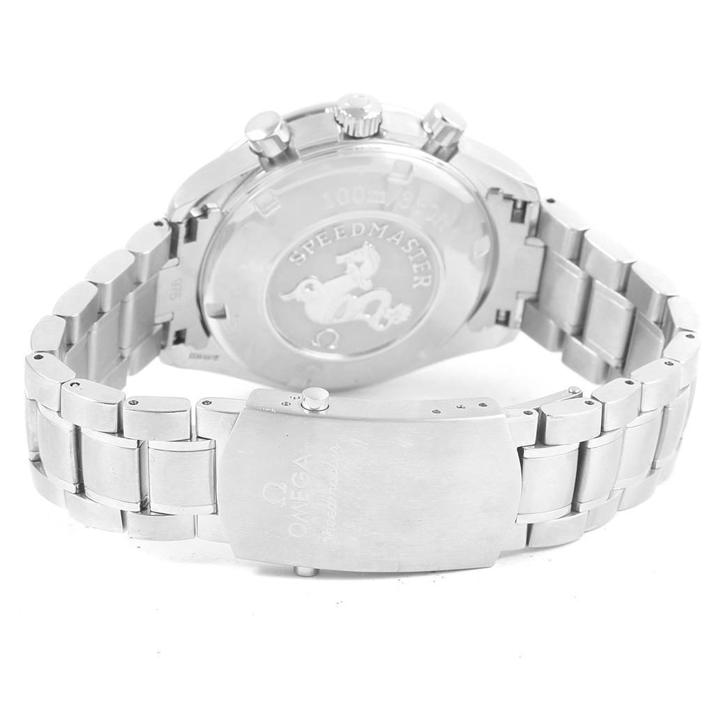 The image shows the back view of an Omega Speedmaster 3211.30.00 Men
s Stainless Steel Silver Dial 3211.30.00 Men
s Stainless Steel Silver Dial watch, including the stainless steel case back and bracelet clasp.