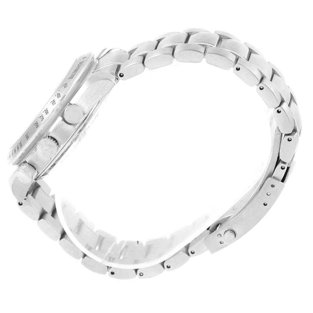 This Omega Speedmaster 3211.30.00 Men
s Stainless Steel Silver Dial 3211.30.00 Men
s Stainless Steel Silver Dial watch is shown from a side angle, highlighting the metal bracelet and side profile of the case.