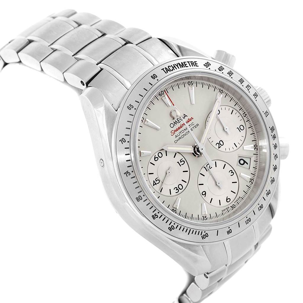 The Omega Speedmaster 323.10.40.40.02.001 Men
s Stainless Steel Silver Dial 323.10.40.40.02.001 Men
s Stainless Steel Silver Dial watch is shown from an angled top-down view, highlighting its dial, sub-dials, tachymeter, and metal bracelet.