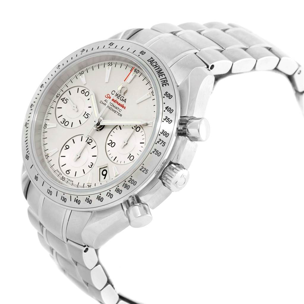 The image shows an Omega Speedmaster 323.10.40.40.02.001 Men
s Stainless Steel Silver Dial 323.10.40.40.02.001 Men
s Stainless Steel Silver Dial watch at an angle highlighting the face, bezel, and part of the bracelet.