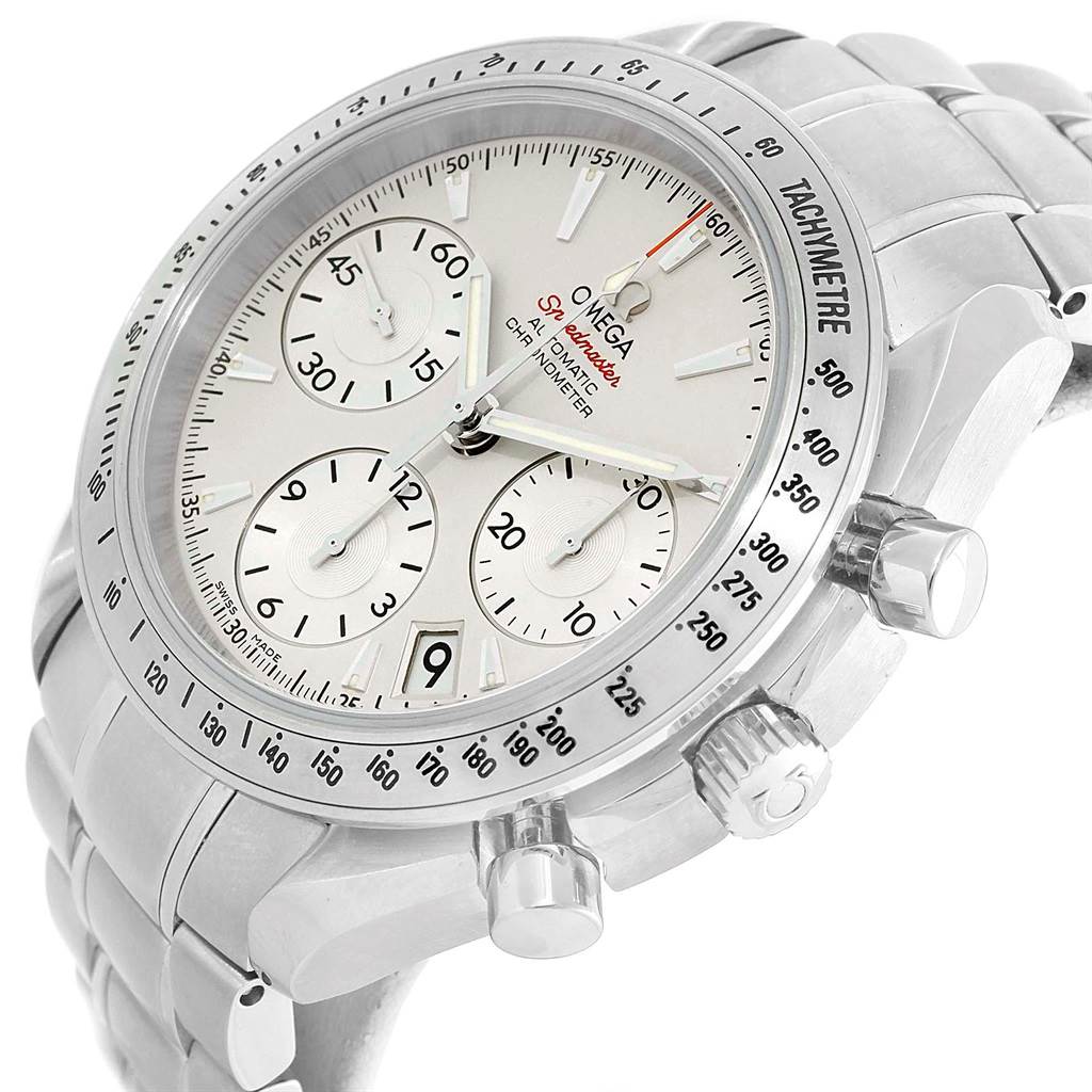 The image shows a close-up, angled view of an Omega Speedmaster 323.10.40.40.02.001 Men
s Stainless Steel Silver Dial 323.10.40.40.02.001 Men
s Stainless Steel Silver Dial watch, highlighting its bezel, dial, subdials, and chronograph buttons.