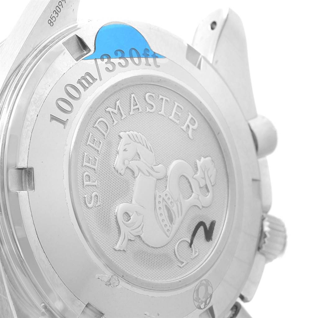 The image shows the back case of an Omega Speedmaster 323.10.40.40.02.001 Men
s Stainless Steel Silver Dial 323.10.40.40.02.001 Men
s Stainless Steel Silver Dial watch, highlighting the engraved logo and water resistance marking.