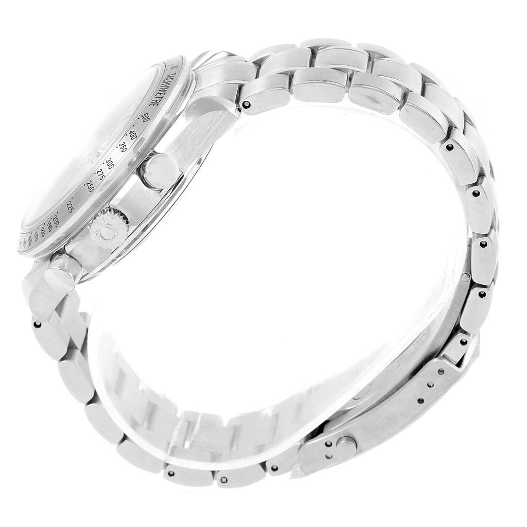 The image shows a side view of an Omega Speedmaster 323.10.40.40.02.001 Men
s Stainless Steel Silver Dial 323.10.40.40.02.001 Men
s Stainless Steel Silver Dial watch focusing on the bezel, crown, pushers, and bracelet.