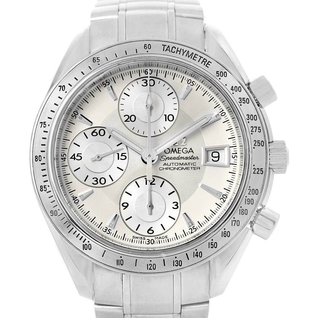 The image shows a frontal view of an Omega Speedmaster 3211.30.00 Men
s Stainless Steel Silver Dial 3211.30.00 Men
s Stainless Steel Silver Dial watch, displaying the face, chronograph dials, bezel, and crown.