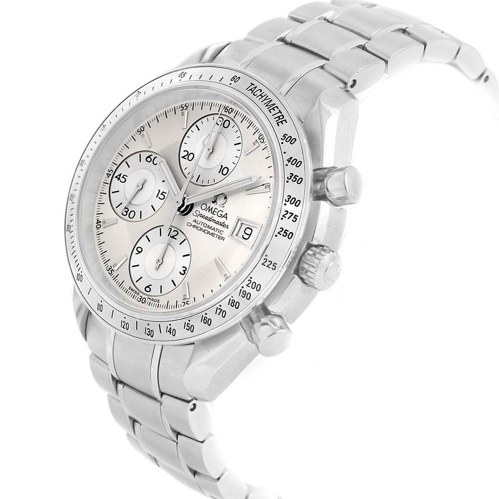 The Omega Speedmaster 3211.30.00 Men
s Stainless Steel Silver Dial 3211.30.00 Men
s Stainless Steel Silver Dial watch is shown at an angle displaying its face, side buttons, tachymetre bezel, and metallic bracelet.