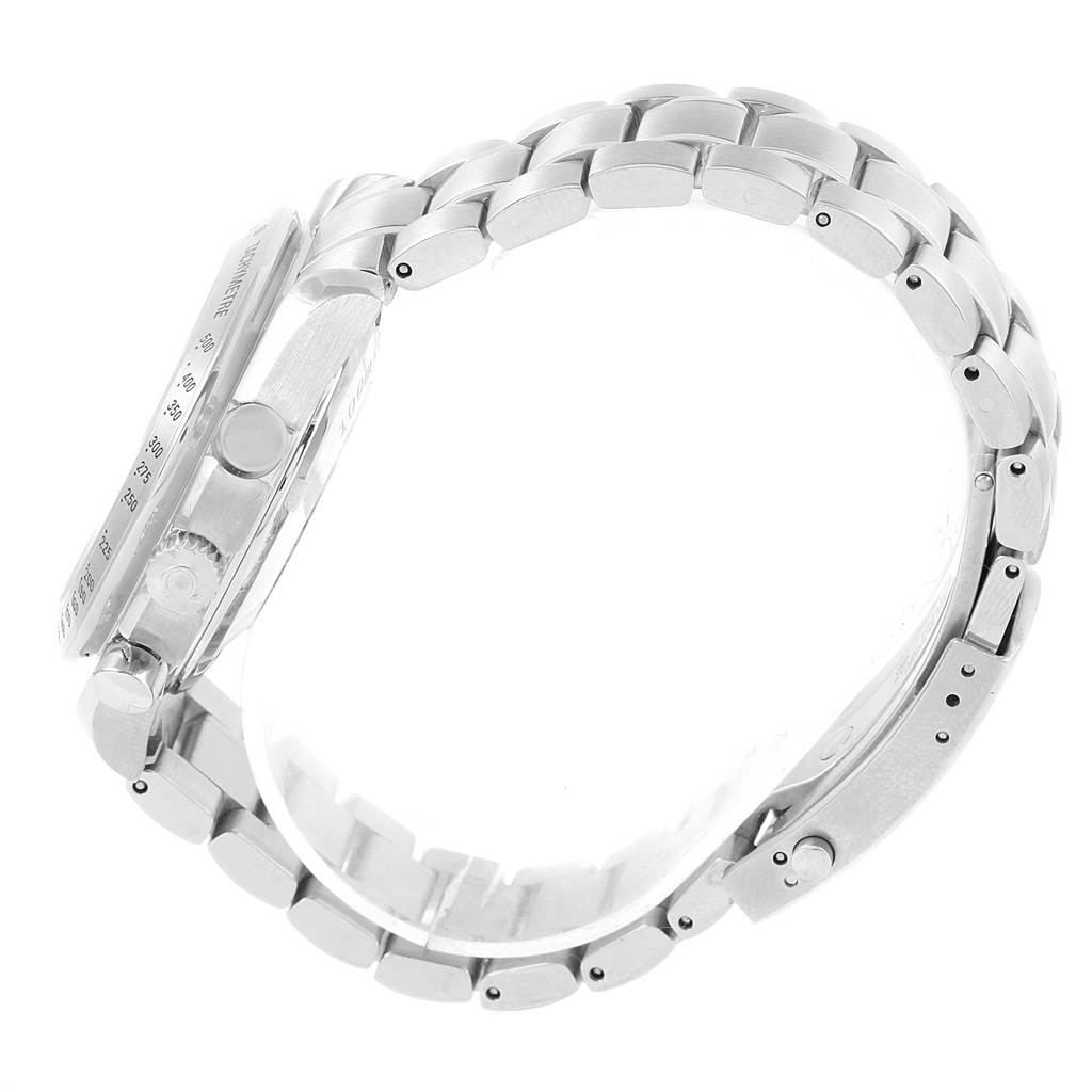 The image shows a side view of the Omega Speedmaster 3211.30.00 Men
s Stainless Steel Silver Dial 3211.30.00 Men
s Stainless Steel Silver Dial watch, featuring its metal bracelet and side buttons.