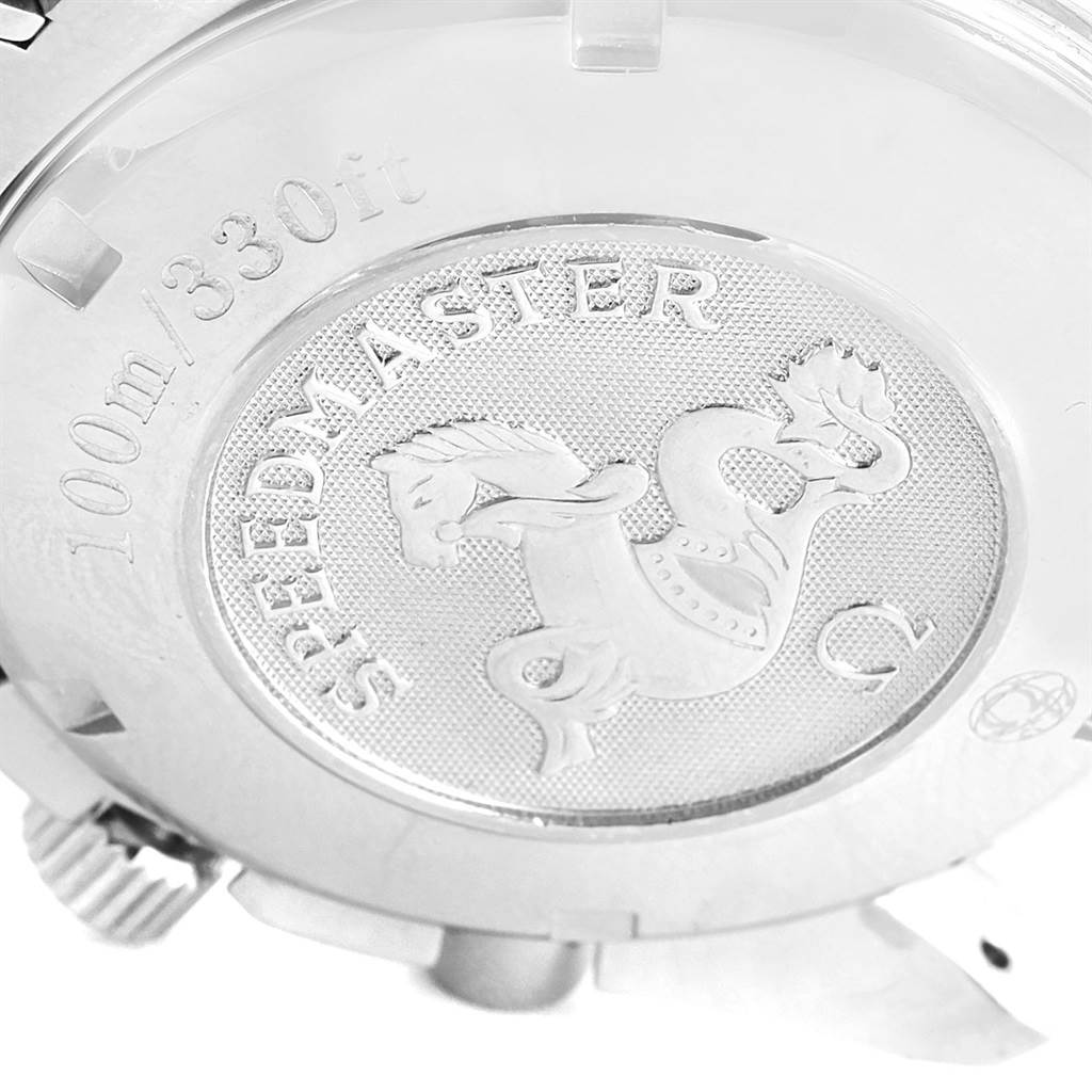 The image shows the case back of an Omega Speedmaster 3211.30.00 Men
s Stainless Steel Silver Dial 3211.30.00 Men
s Stainless Steel Silver Dial watch, highlighting the engravings and logo.