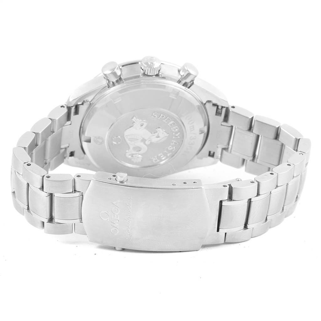The image shows the back casing and bracelet of the Omega Speedmaster 3211.30.00 Men
s Stainless Steel Silver Dial 3211.30.00 Men
s Stainless Steel Silver Dial watch, emphasizing the clasp and engraved back.