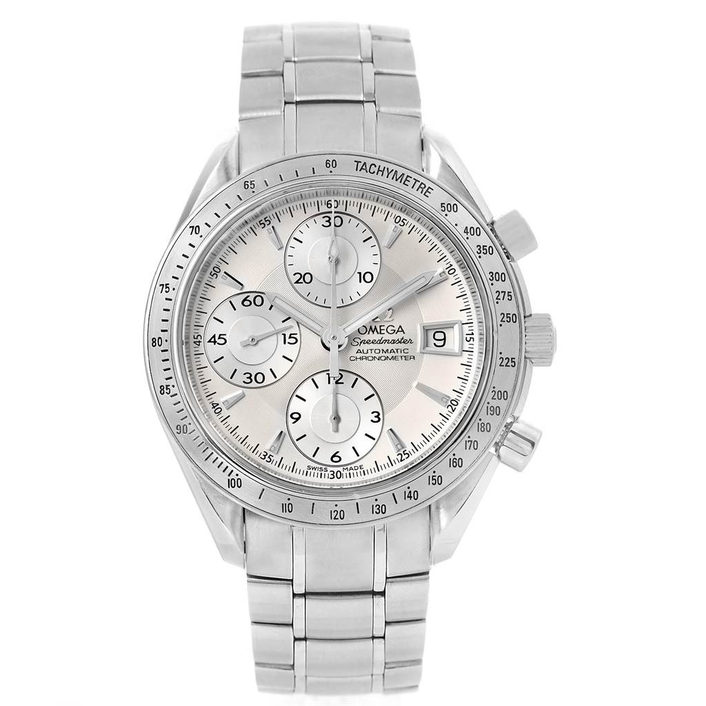 This image shows a front view of the Omega Speedmaster 3211.30.00 Men
s Stainless Steel Silver Dial 3211.30.00 Men
s Stainless Steel Silver Dial watch, displaying its dial, chronograph subdials, bracelet, and crown.