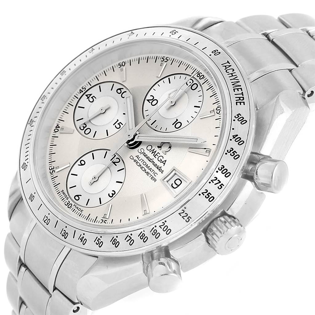 The image shows a close-up of the dial, bezel, and pushers of the Omega Speedmaster 3211.30.00 Men
s Stainless Steel Silver Dial 3211.30.00 Men
s Stainless Steel Silver Dial watch in a slightly tilted angle.