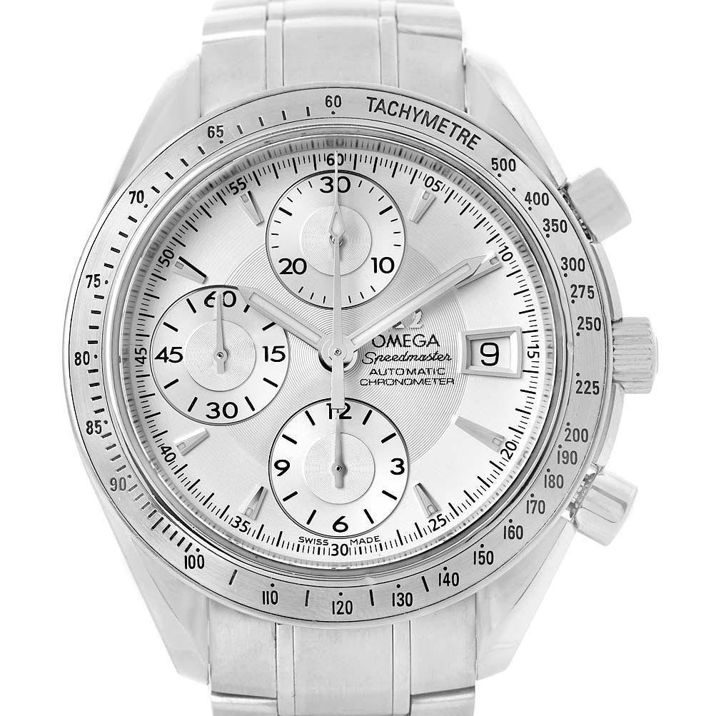 The image shows a frontal view of an Omega Speedmaster 3211.30.00 Men
s Stainless Steel Silver Dial 3211.30.00 Men
s Stainless Steel Silver Dial watch, displaying the dial, subdials, tachymeter, and date.
