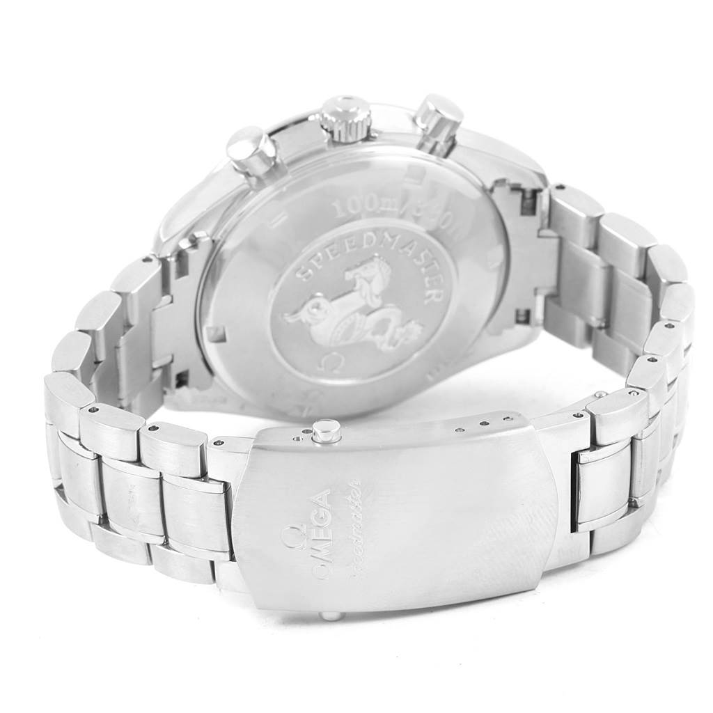 The image shows the back case and clasp of the Omega Speedmaster 3211.30.00 Men
s Stainless Steel Silver Dial 3211.30.00 Men
s Stainless Steel Silver Dial watch, highlighting the bracelet and engraving details.