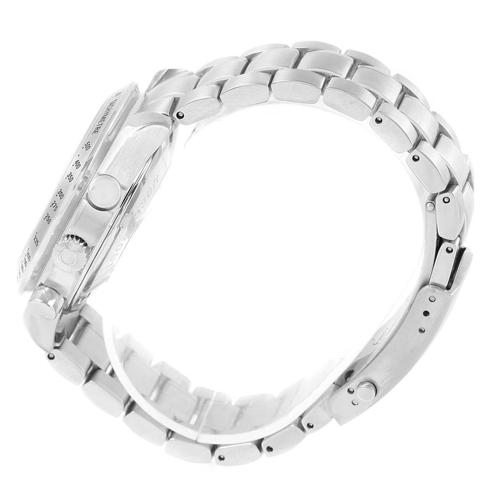 This Omega Speedmaster 3211.30.00 Men
s Stainless Steel Silver Dial 3211.30.00 Men
s Stainless Steel Silver Dial watch is shown from the side, highlighting the bracelet, clasp, crown, and pushers.