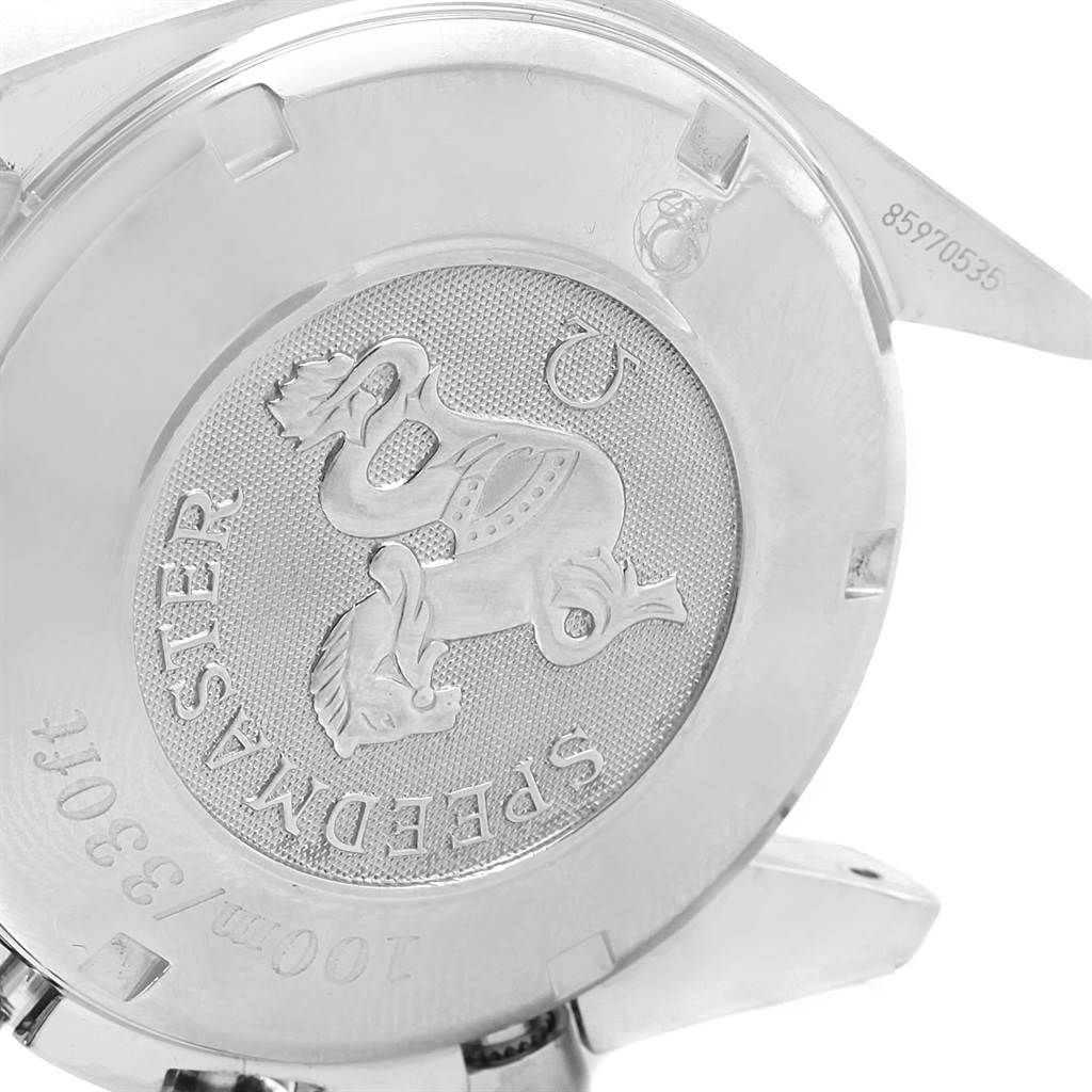 The image displays the back case of an Omega Speedmaster 3211.30.00 Men
s Stainless Steel Silver Dial 3211.30.00 Men
s Stainless Steel Silver Dial watch, showing the engraved logo and "Speedmaster" text.