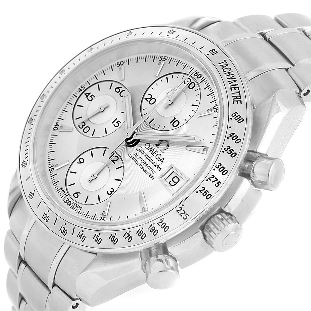 The image shows a frontal view of the Omega Speedmaster 3211.30.00 Men
s Stainless Steel Silver Dial 3211.30.00 Men
s Stainless Steel Silver Dial watch, highlighting its face, bezel, crown, and chronograph pushers.