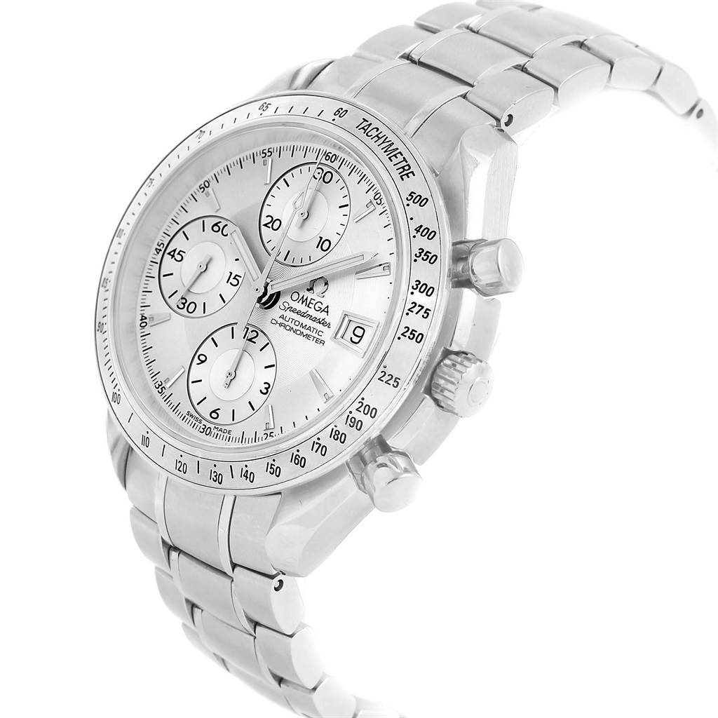 The Omega Speedmaster 3211.30.00 Men
s Stainless Steel Silver Dial 3211.30.00 Men
s Stainless Steel Silver Dial watch is shown at a three-quarter angle, highlighting the face, subdials, tachymeter bezel, and metal bracelet.