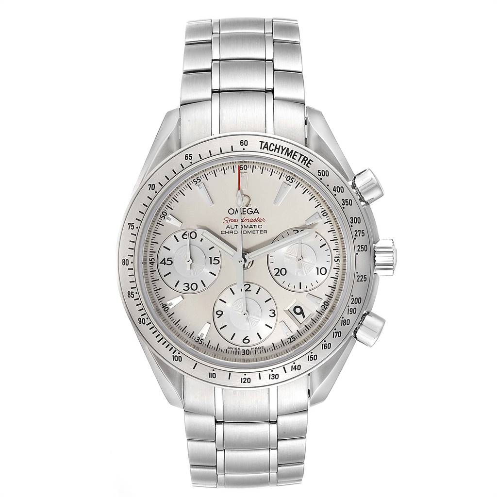 The Omega Speedmaster 323.10.40.40.02.001 Men
s Stainless Steel Silver Dial 323.10.40.40.02.001 Men
s Stainless Steel Silver Dial watch is shown from a top-down angle, displaying its face, bezel, crown, pushers, and bracelet.